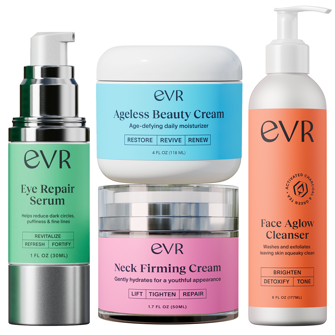 Ageless Beauty Cream, Neck Cream, Eye Serum, Face Aglow Cleanser Bundle
